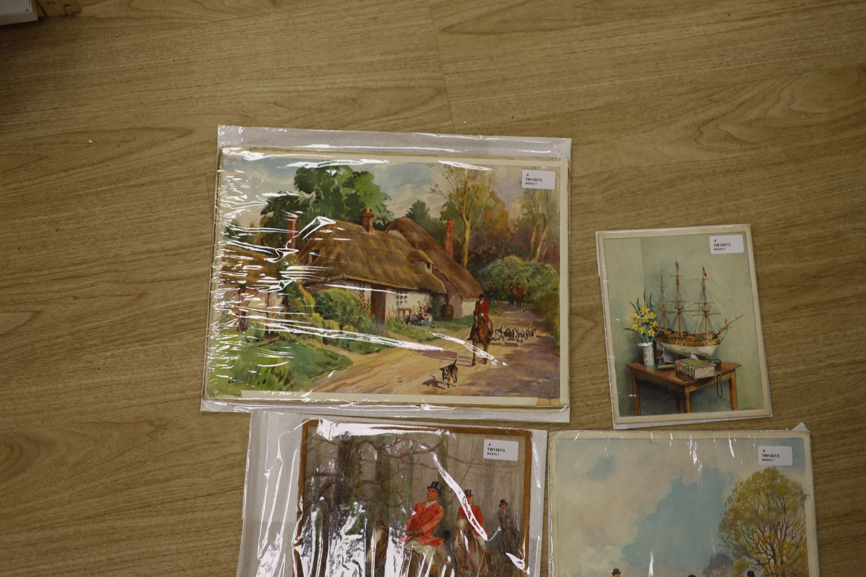 Savile Lumley (20th century), still life of a model ship and another watercolour of huntsmen and hounds and two other hunting scenes